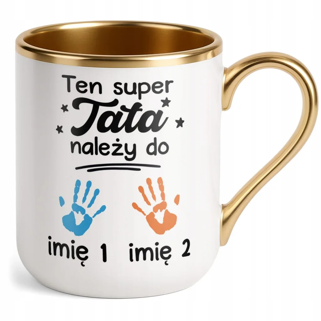 Kubek Premium Złoty Personalizowany Dzień Ojca Tata Należy Do 2 Dzieci