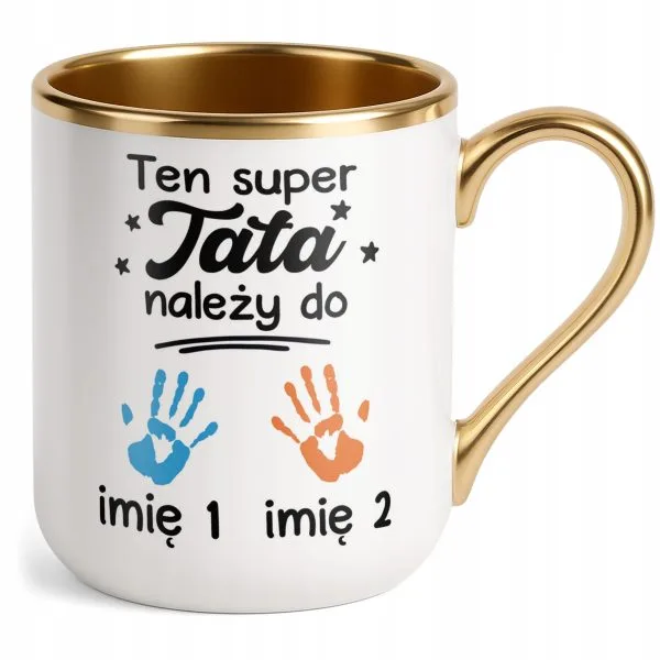 Kubek Premium Złoty Personalizowany Dzień Ojca Tata Należy Do 2 Dzieci
