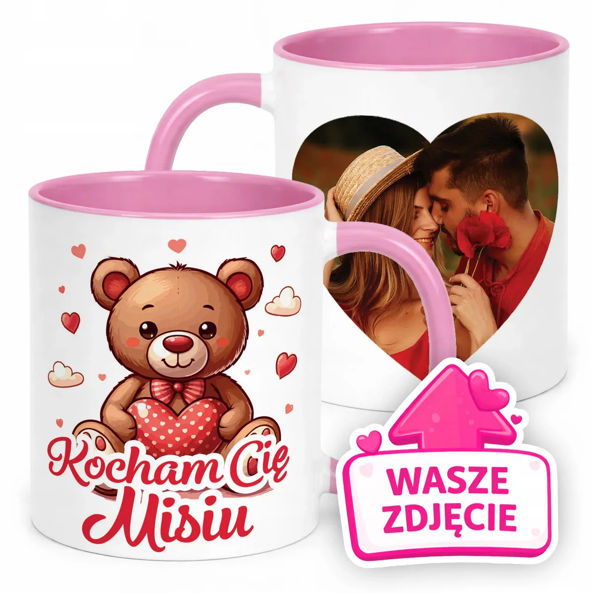 Kubek Różowy Z Własnym Zdjęciem Serce Walentynki Prezent Upominek
