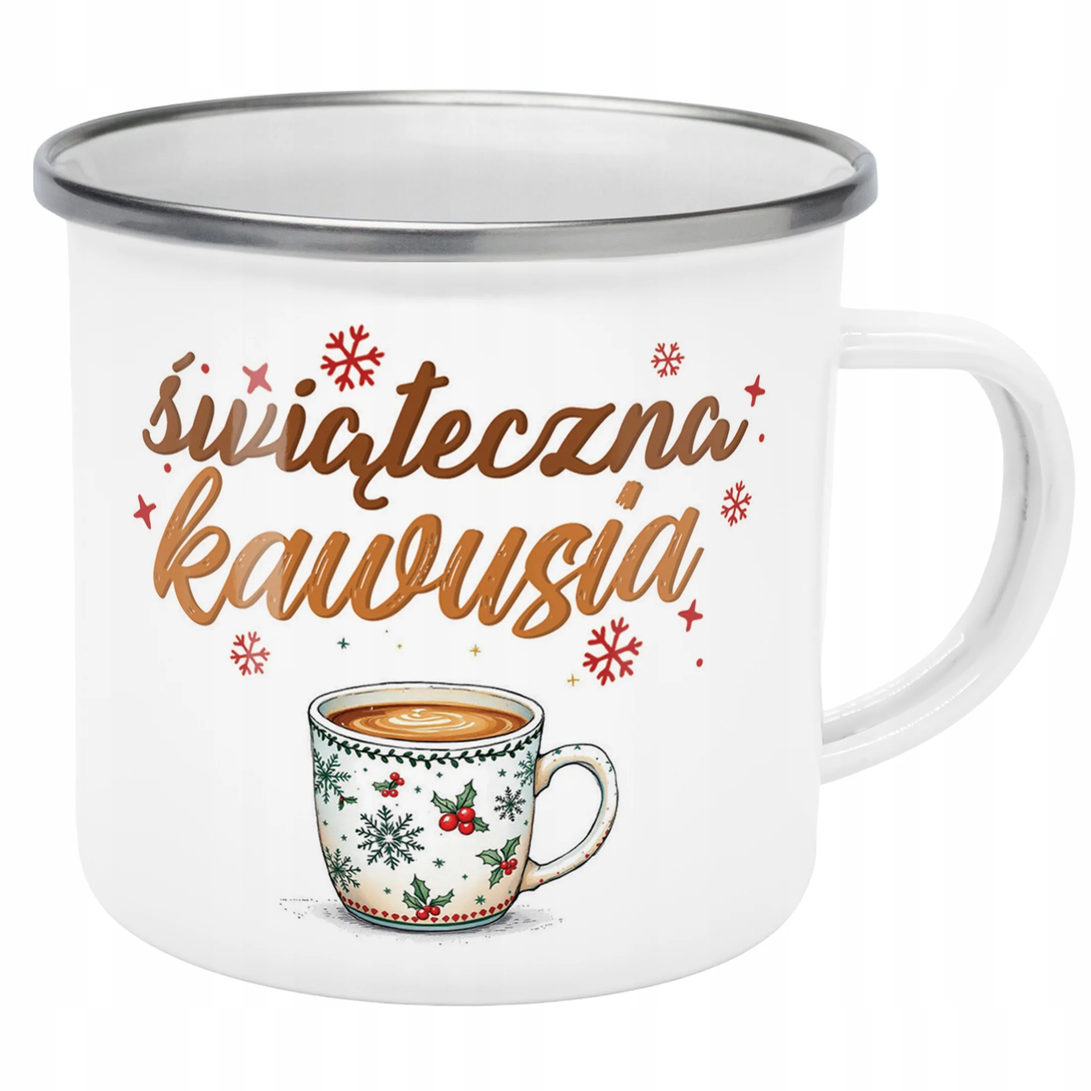 Emaliowany Kubek Garnuszek Świąteczny Świąteczna Kawusia Boże Narodzenie