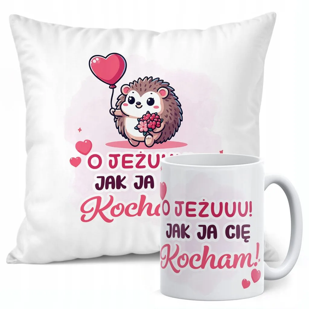 Zestaw Kubek + Poduszka 38×38 cm Walentynki Jeżu Jak Ja Cię Kocham Prezent