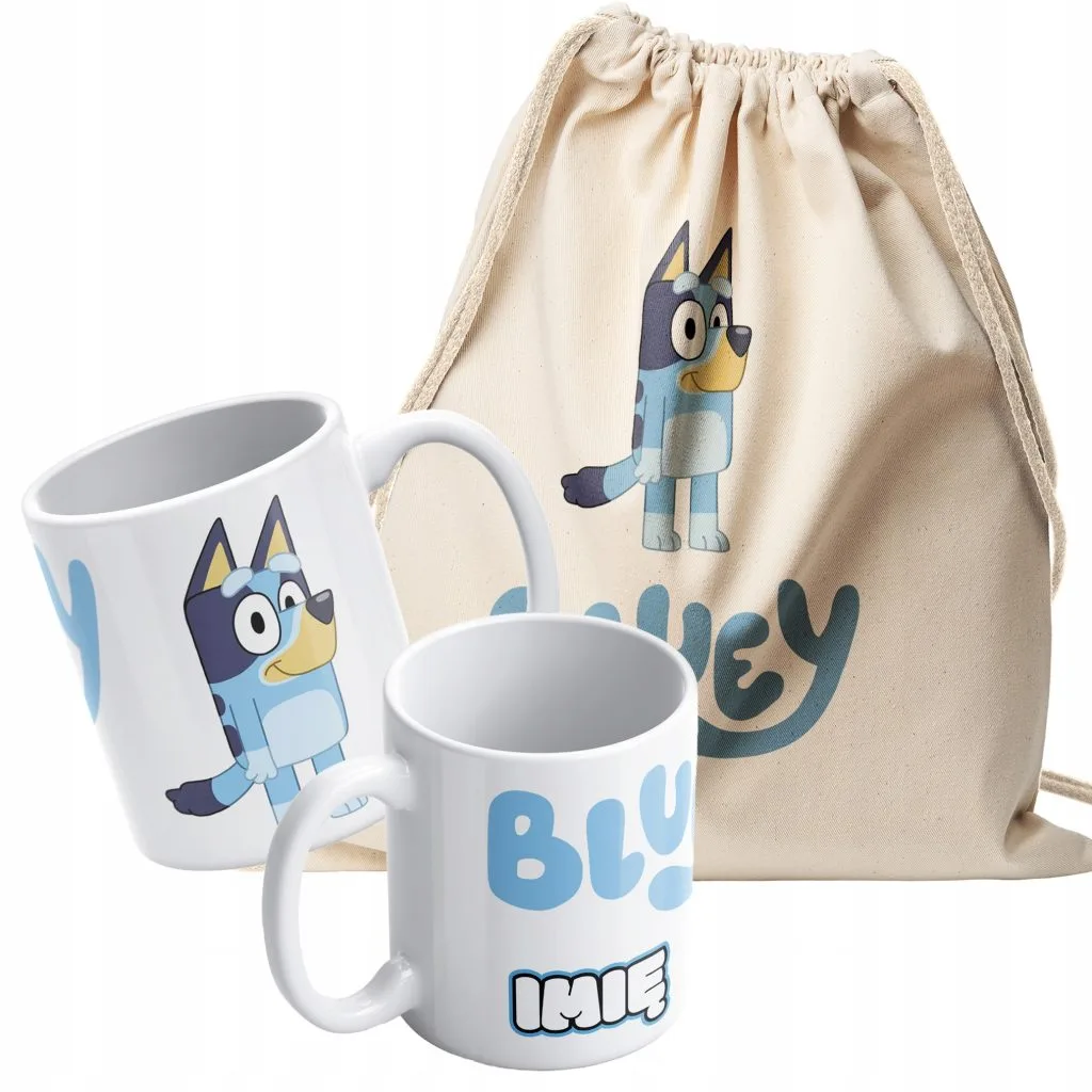 Zestaw plecak bawełniany + kubek z Imieniem Dla Fanów Serialu Bluey