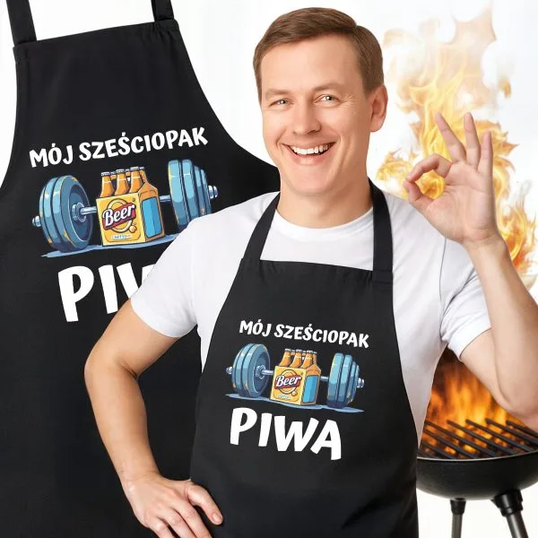 Bawełniany Czarny Fartuch Kuchenny Mój Sześciopak Fartuszek Z Nadrukiem