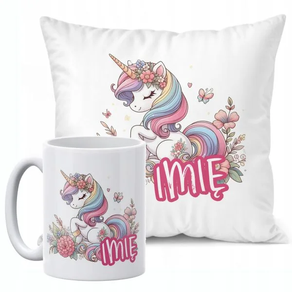 Zestaw Personalizowany Kubek + Poduszka 38x38 cm Z Imieniem Z Jednorożcem