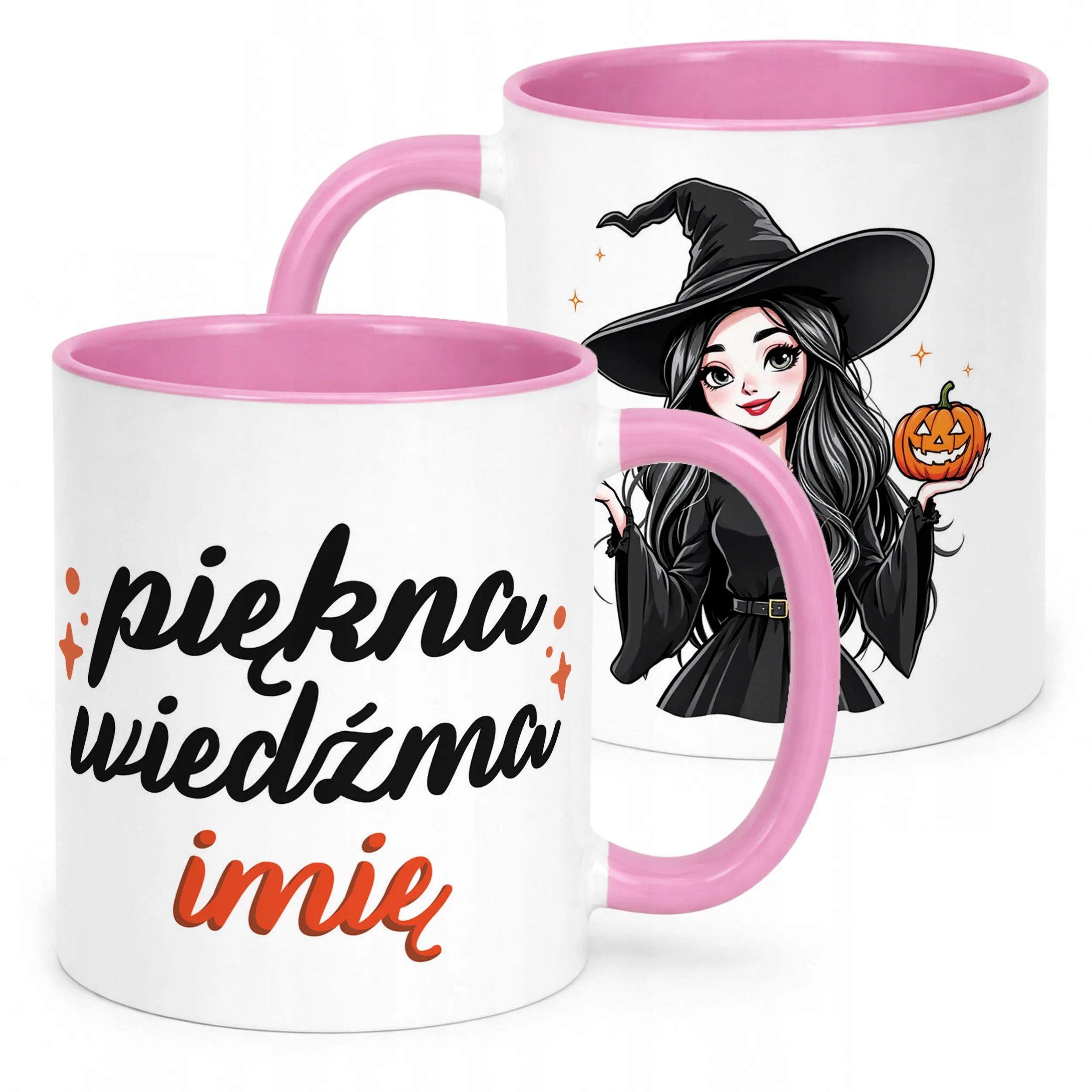 Kubek Różowy Personalizowany Jesienny Piękna Wiedźma Prezent Upominek