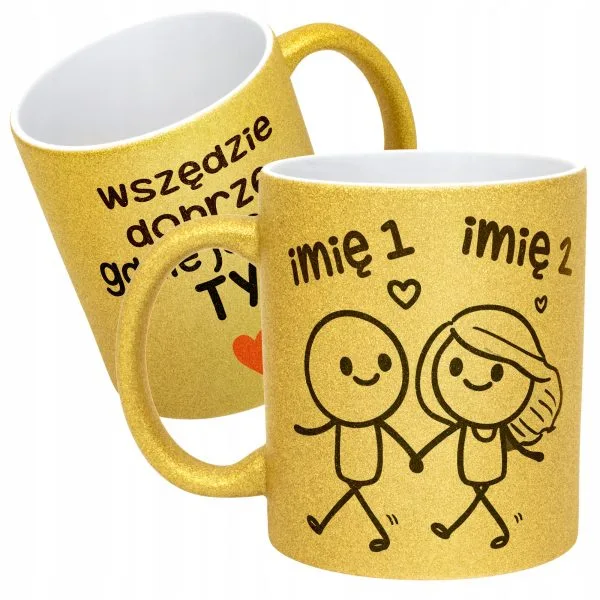 Złoty kubek brokatowy personalizowany Walentynki Prezent Upominek