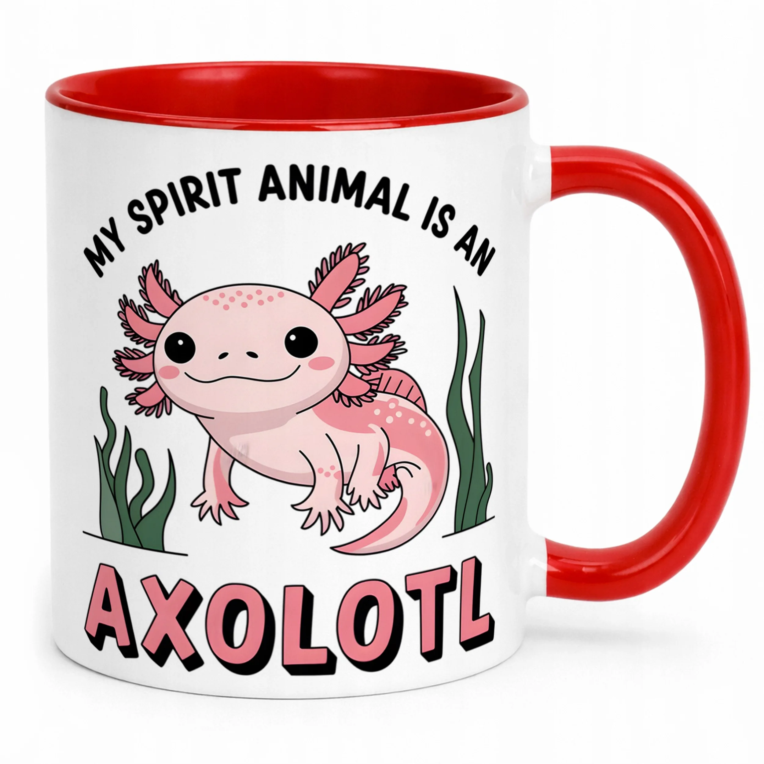 Czerwony kubek z uśmiechniętym zwierzęciem Aksolotl Axolotl Różowy