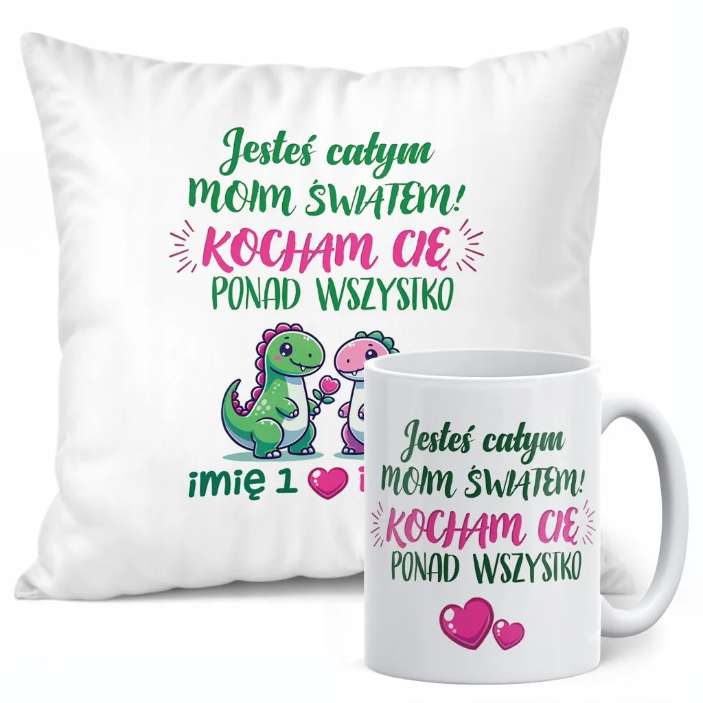 Zestaw Kubek + Poduszka 38×38 cm Walentynki Z imionami Dla Pary Prezent