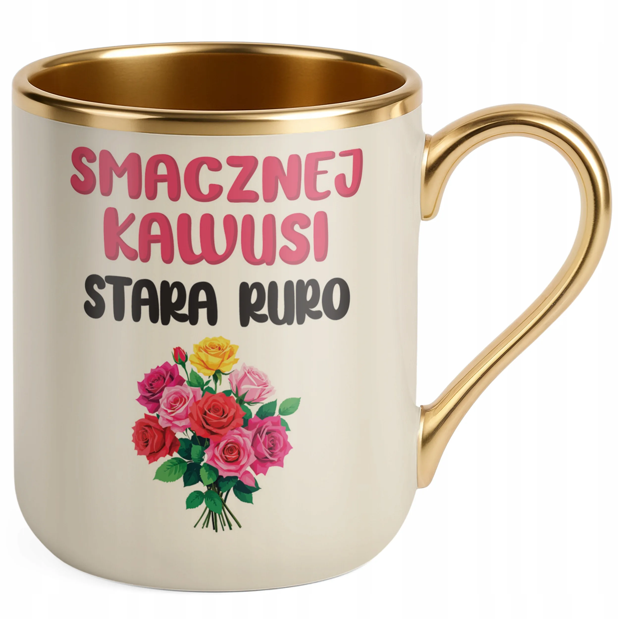 Kubek Premium Złoty Ecru Smacznej Kawusi Stara Ruro Śmieszny Zabawny