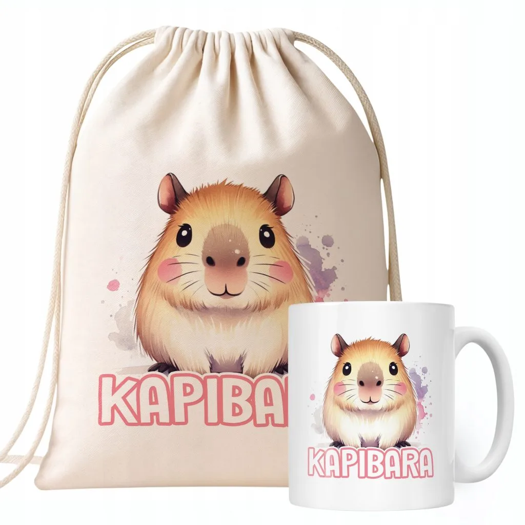 Zestaw Kubek + Plecak Kapibara Capybara Zwierzak Słodki Dla Dzieci Prezent