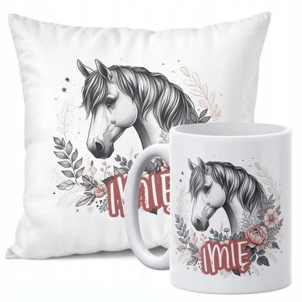 Zestaw Personalizowany Kubek + Poduszka 38x38 cm Z Imieniem Z Koniem Koń