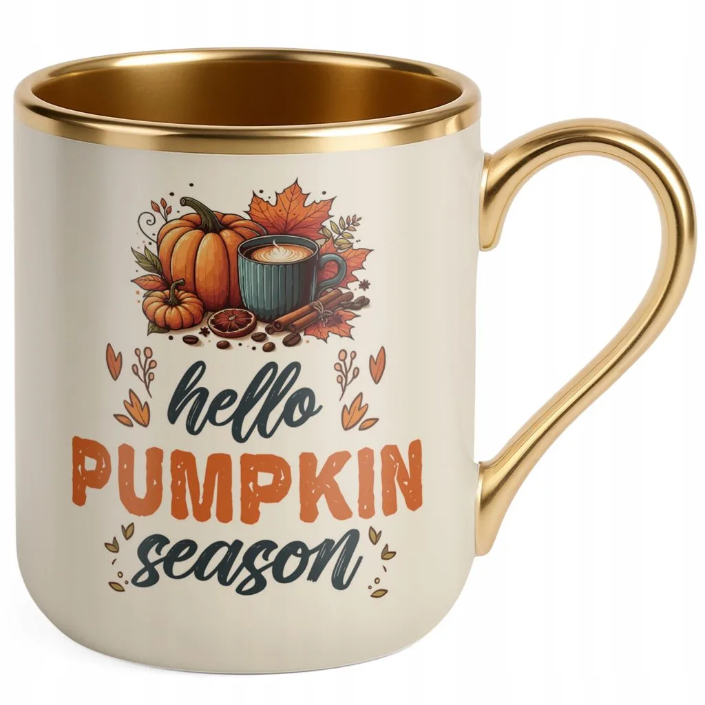 Kubek Premium Złoty Ecru Jesienny Jesień Hello Pumpkin Dynia Prezent