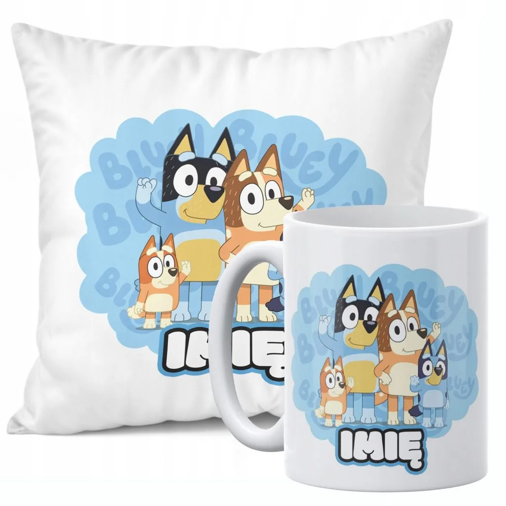 Zestaw Personalizowany Kubek + Poduszka 38×38 cm Dla Fanów Bajki Bluey