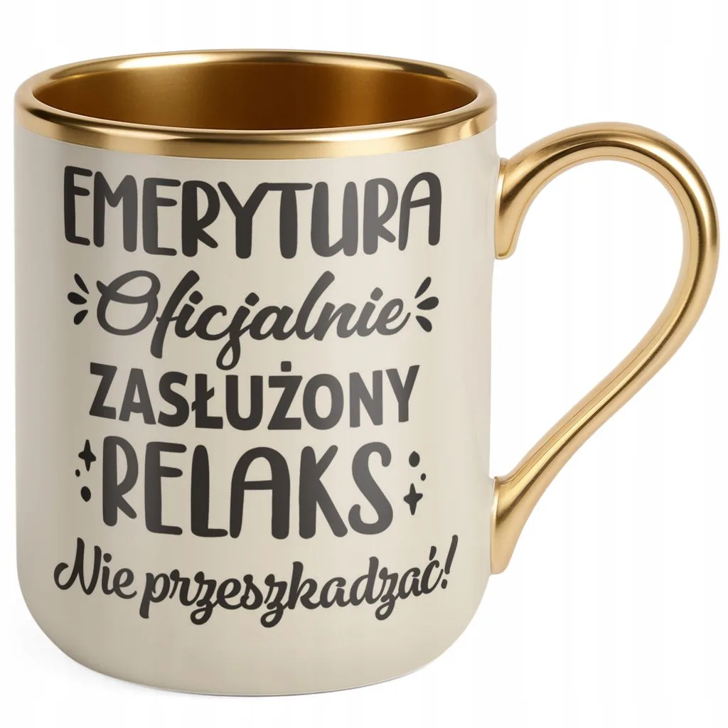 Kubek Premium Złoty Ecru Z okazji Emerytury Dla Emeryta Emerytki Prezent