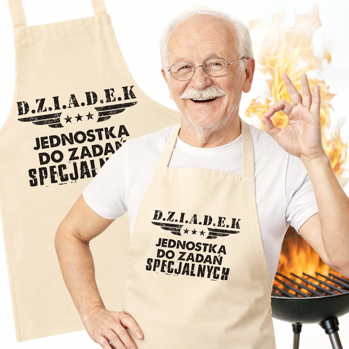 Bawełniany Fartuch Kuchenny Ecru Dzień Dziadka Prezent Z Nadrukiem