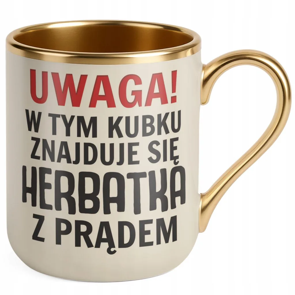 Kubek Premium Złoty Ecru Uwaga Herbata Z Prądem Zabawny Prezent Upominek