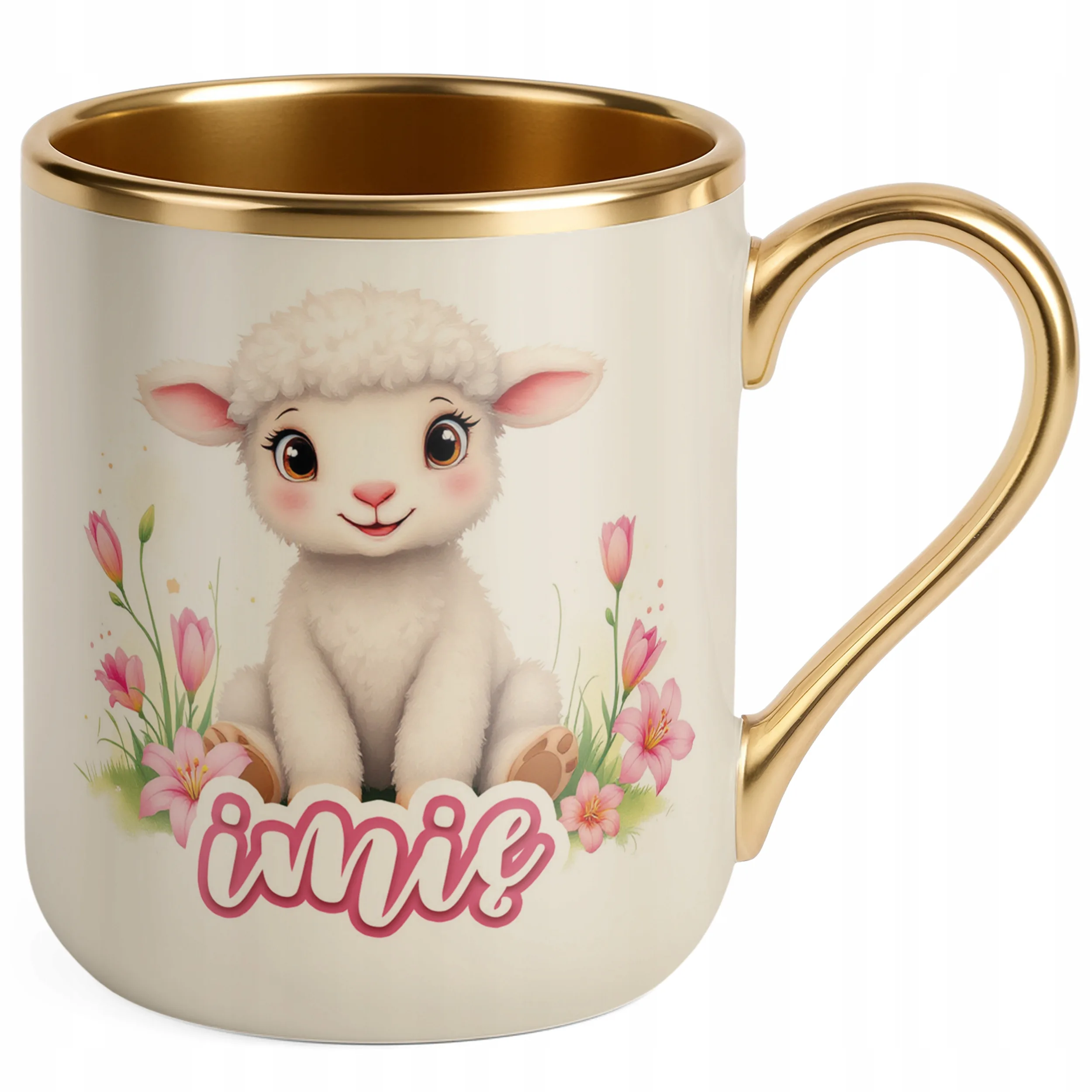 Kubek Premium Złoty Ecru Personalizowany Wielkanoc Prezent Baranek Wiosna