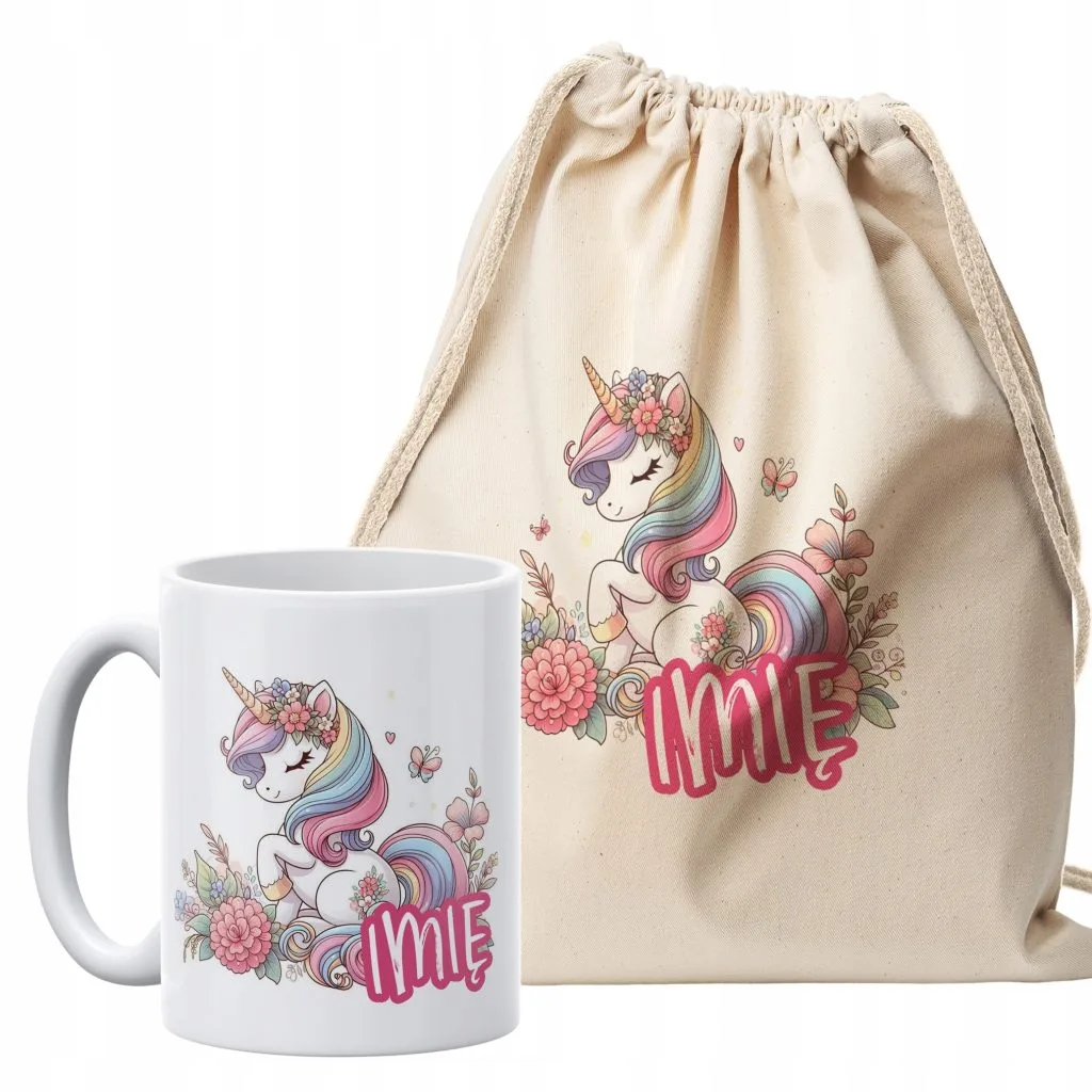 Zestaw personalizowany plecak bawełniany + kubek Jednorożec Unicorn Prezent