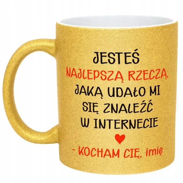 Złoty kubek brokatowy personalizowany Walentynki Prezent Upominek