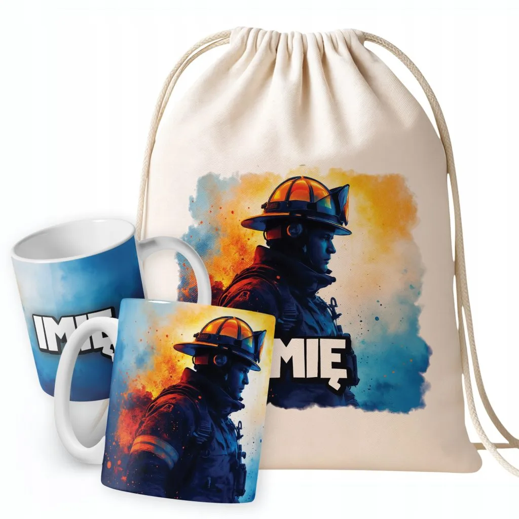 Zestaw personalizowany Kubek + Plecak Dla Strażaka Wóz Strażacki Prezent