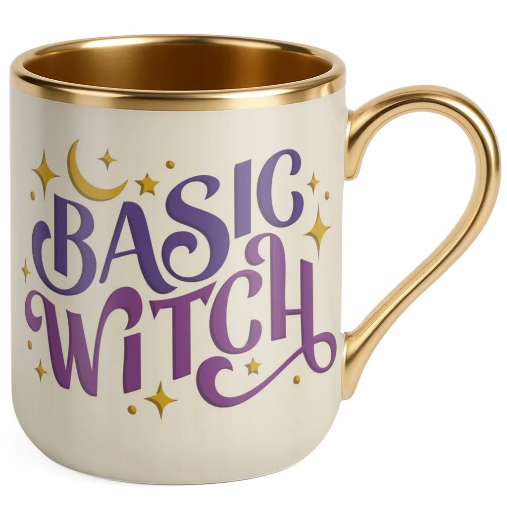 Kubek Premium Złoty Ecru Halloween Basic Witch Jesień Wiedźma Prezent