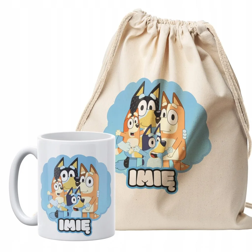 Zestaw personalizowany plecak bawełniany + kubek Bluey Bajka Dla Dzieci