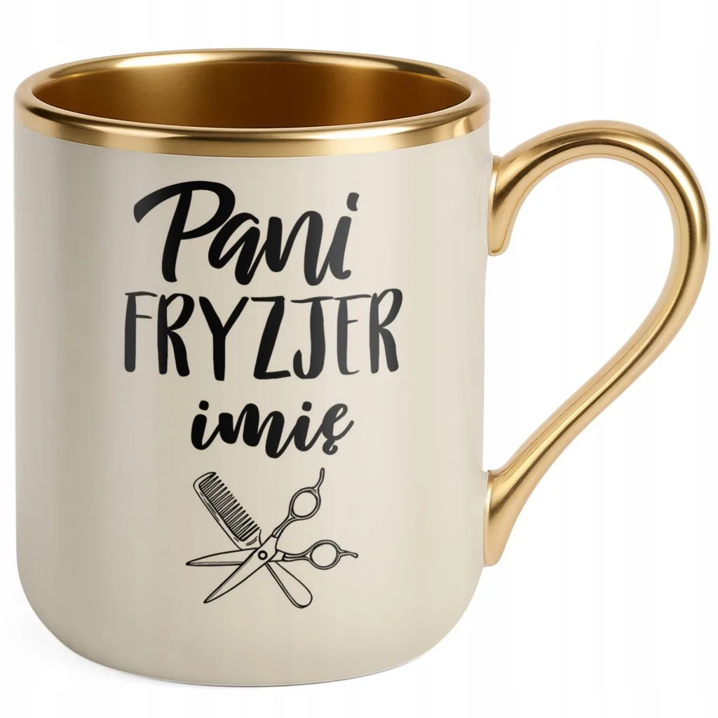 Kubek Premium Złoty Ecru Personalizowany Pani Fryzjer Dla Fryzjerki