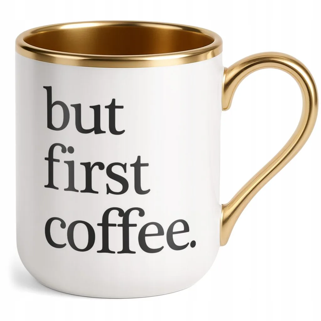 Kubek Premium Złoty But First Coffee Kawa Prezent Upominek