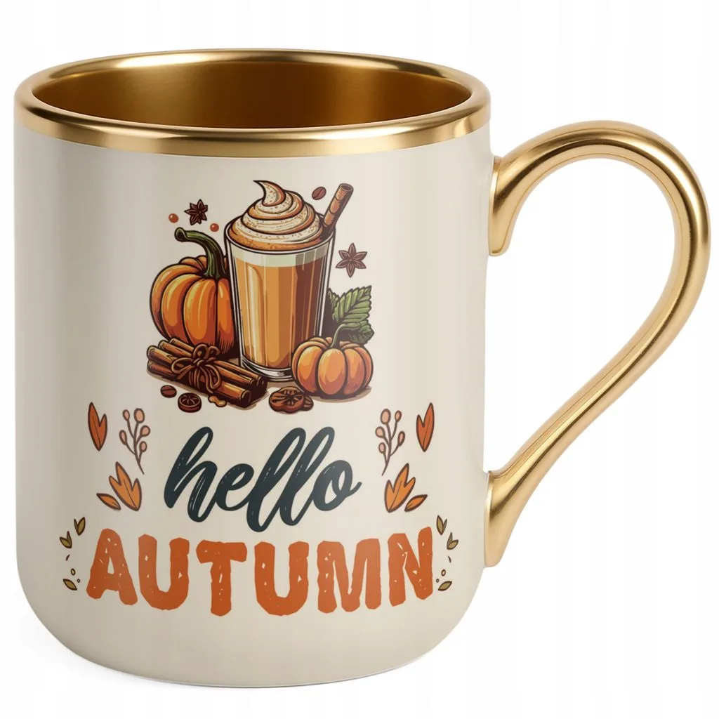 Kubek Premium Złoty Ecru Jesienny Jesień Hello Pumpkin Dynia Prezent