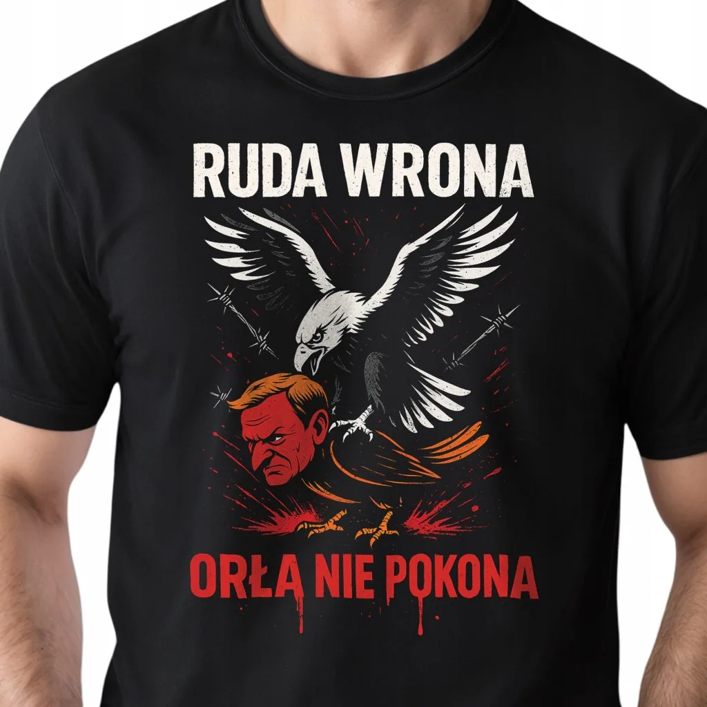 Koszulka czarna męska Ruda Wrona Orła Nie Pokona Tusk patriotyczna r. 3XL