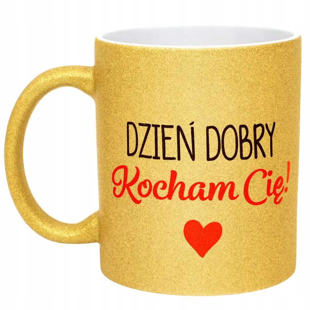 Złoty kubek brokatowy Dzień Dobry Kocham Cię Walentynki Prezent