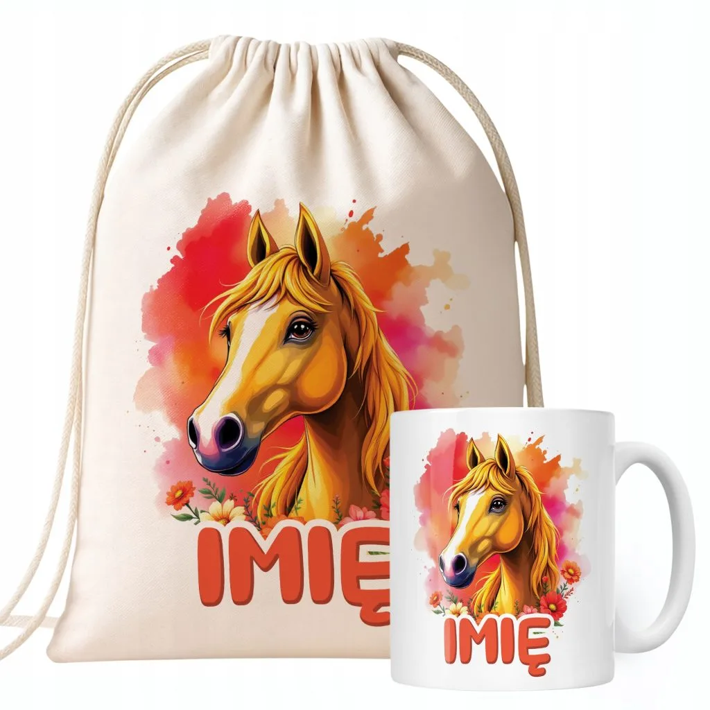 Zestaw personalizowany Kubek + Plecak Z Koniem Koń Słodki Dla Koniar