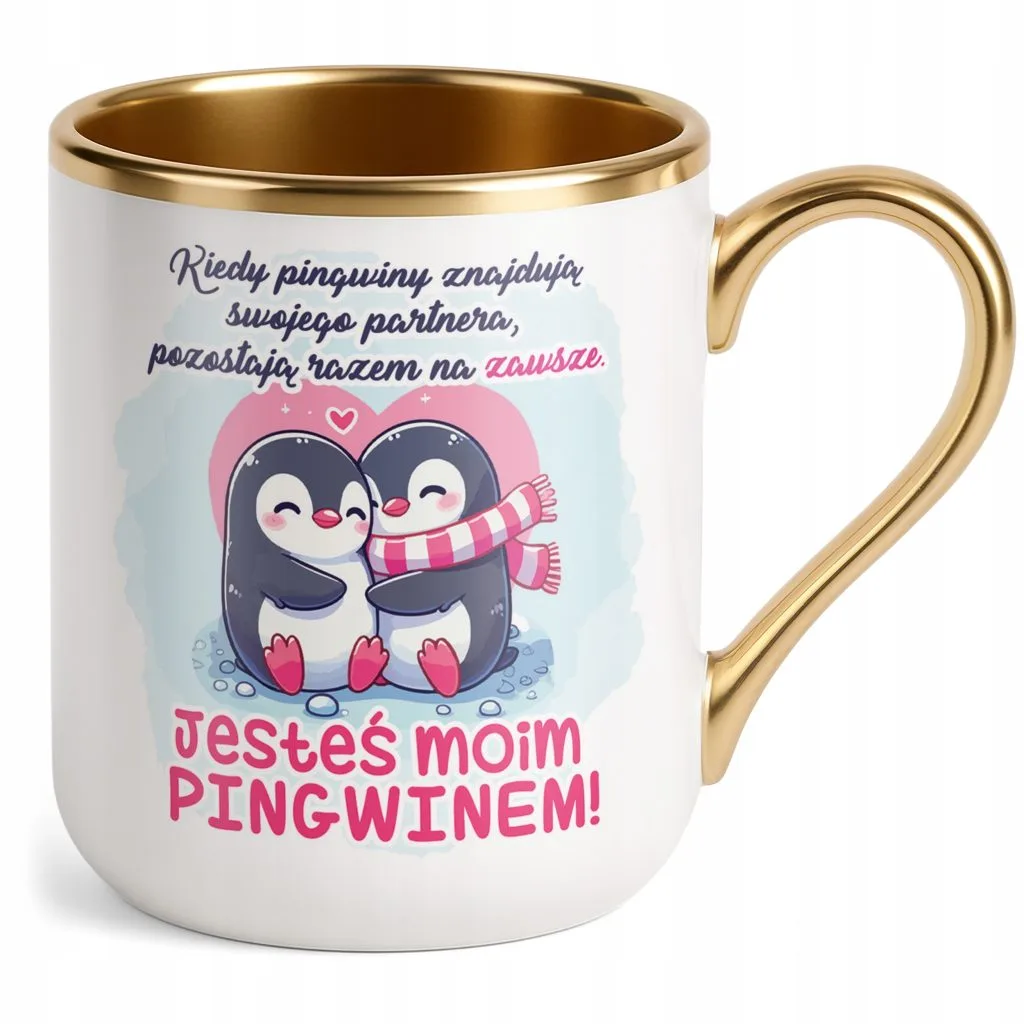 Kubek Premium Złoty Na Walentynki Pingwiny Prezent Upominek