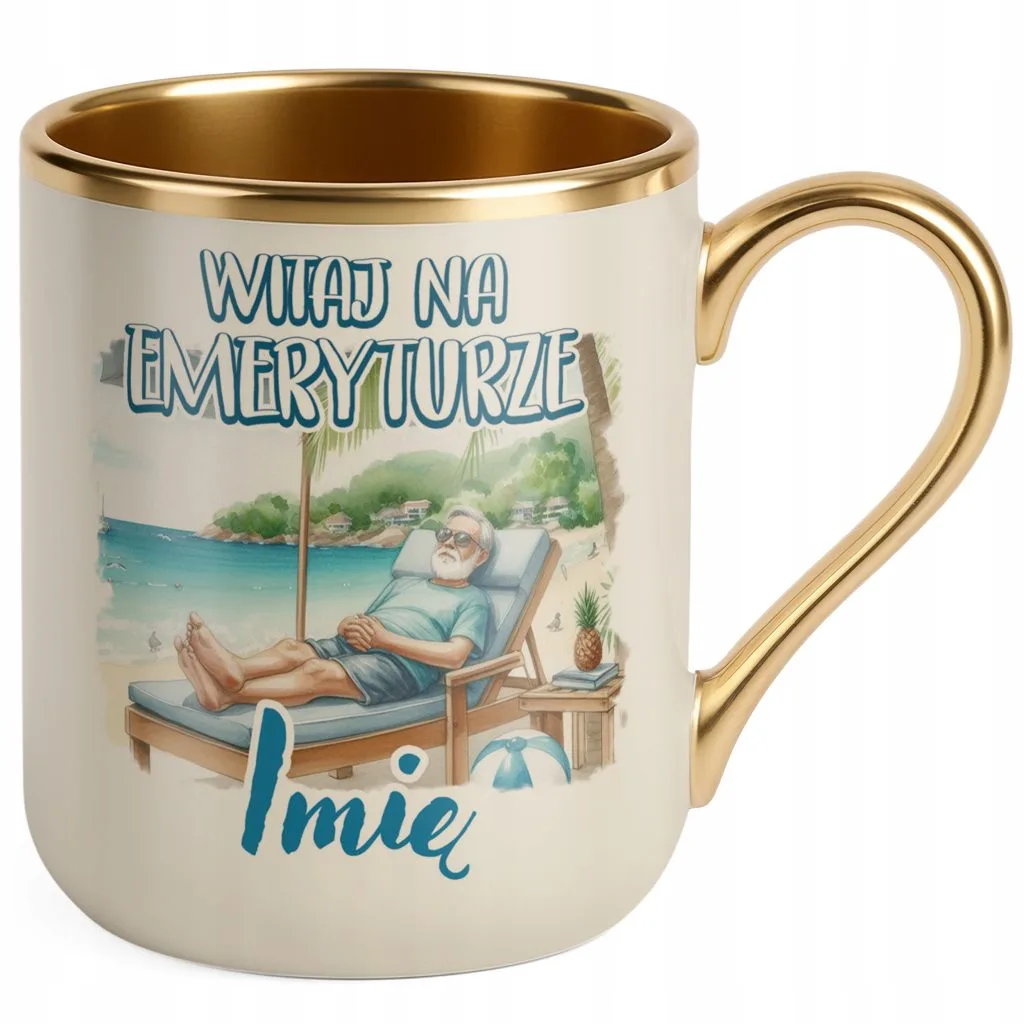 Kubek Premium Złoty Ecru Personalizowany Z okazji Emeryta Dla Emerytki