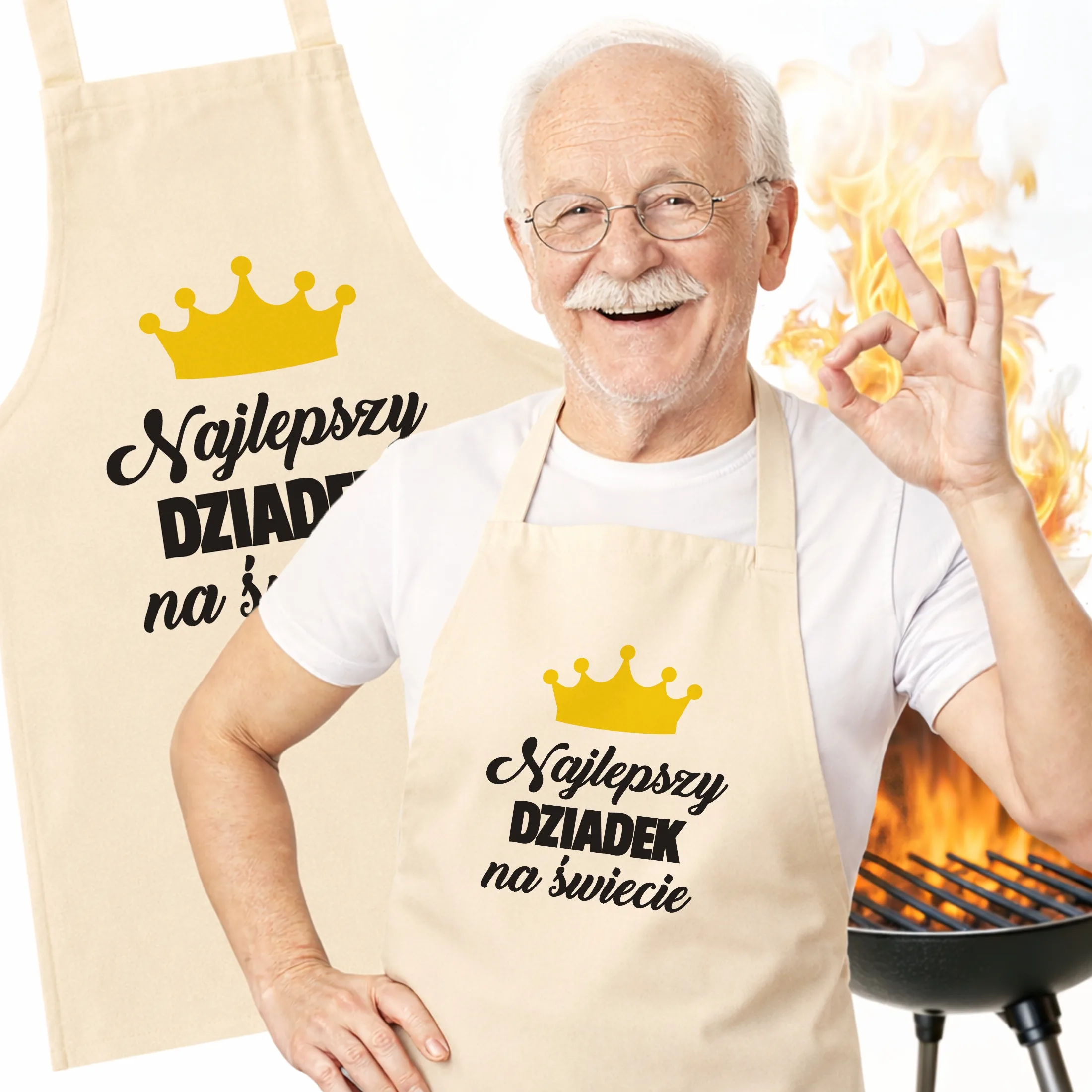 Bawełniany Fartuch Kuchenny Ecru Dzień Dziadka Prezent Z Nadrukiem