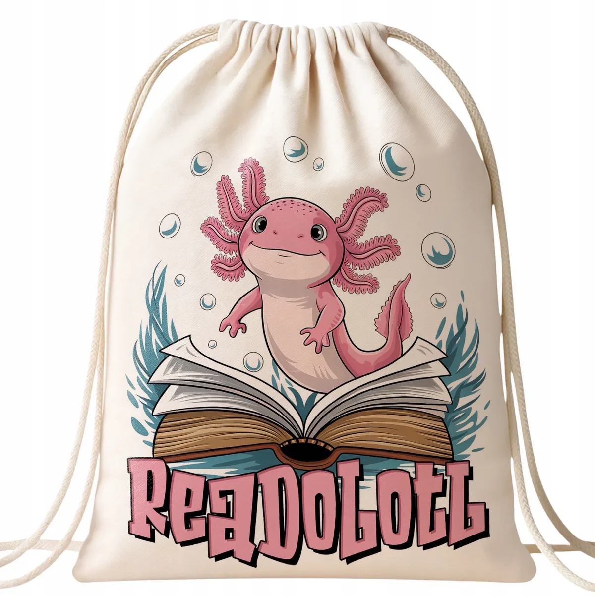 Plecak worek bawełniany ecru Aksolotl Axolotl Różowy Płaz Viral Trend HIT