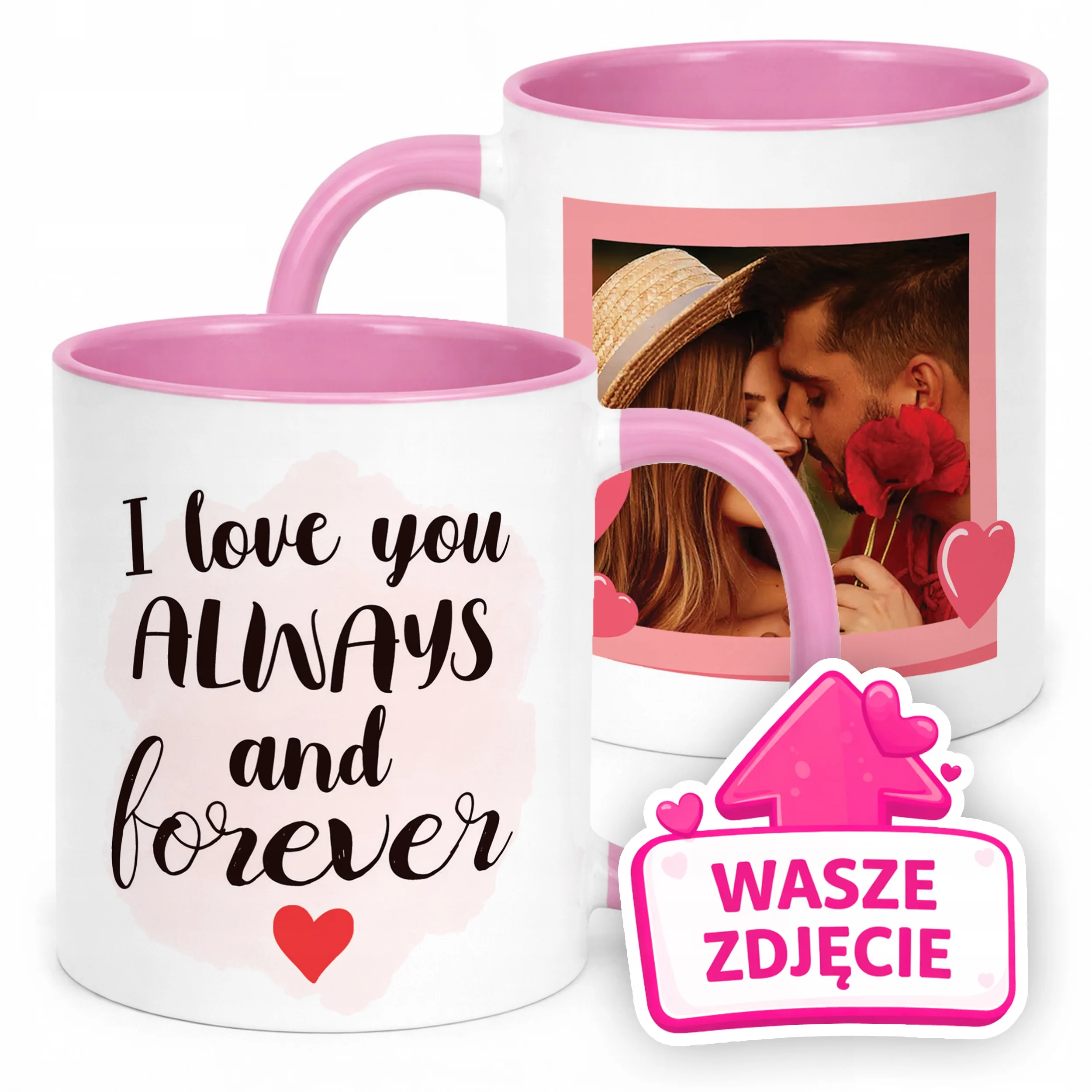 Kubek Różowy Z Własnym Zdjęciem Serce Walentynki Prezent Upominek