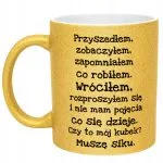 Złoty kubek brokatowy Przyszedłem Zobaczyłem Zapomniałem Prezent