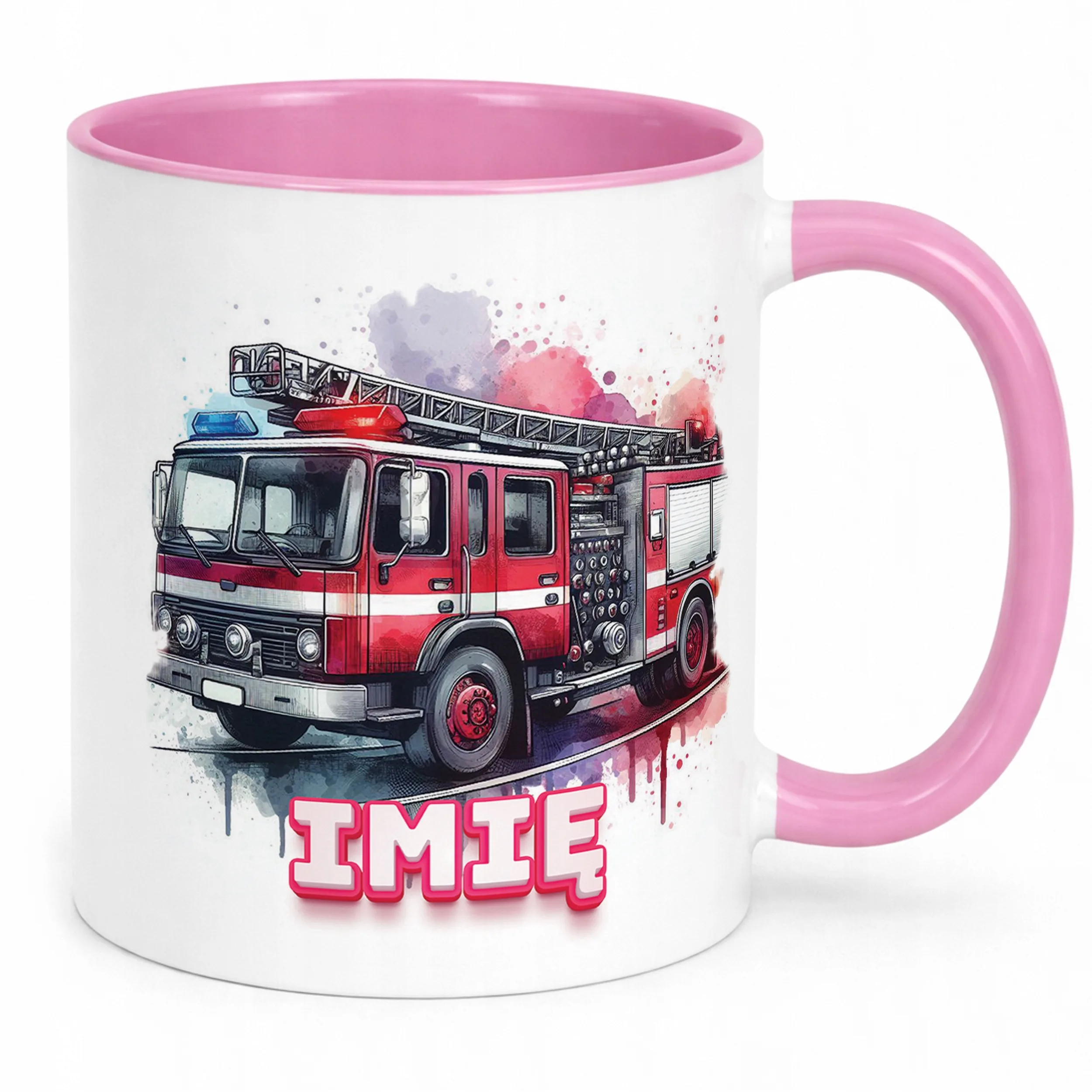 Kubek Różowy Personalizowany Dla Strażaka Wóz Strażacki Prezent