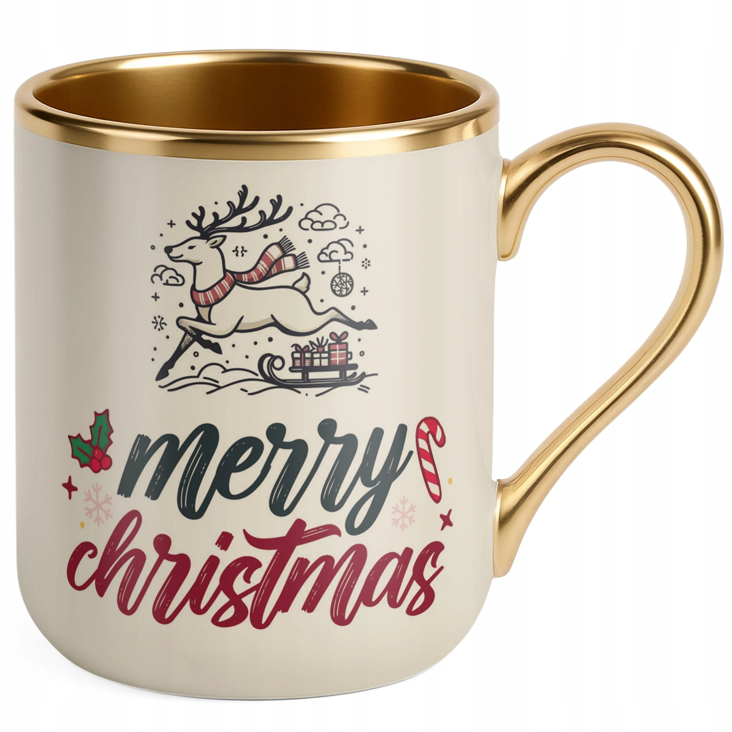 Kubek Premium Złoty Ecru Świąteczny Merry Christmas Boże Narodzenie