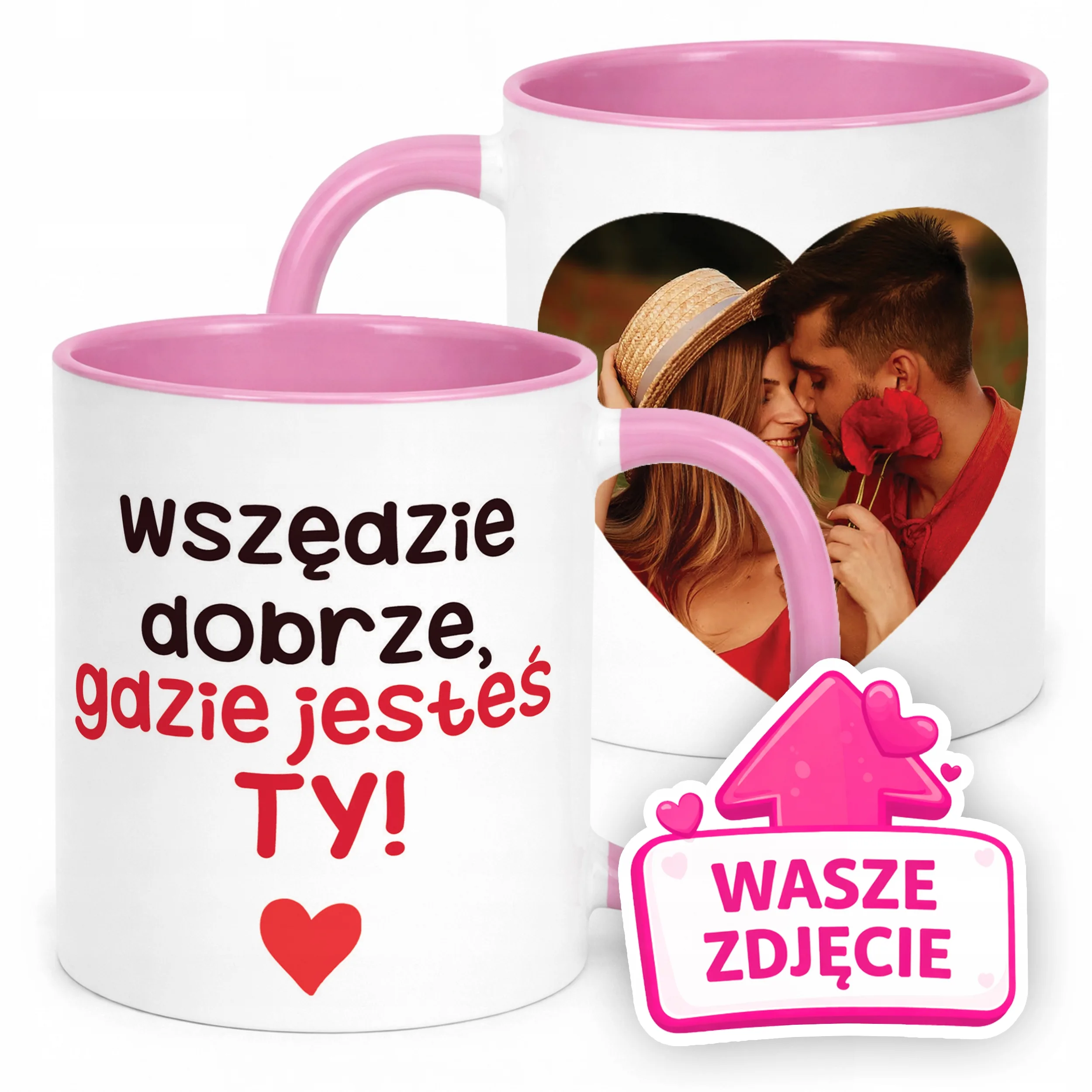 Kubek Różowy Z Własnym Zdjęciem Serce Walentynki Prezent Upominek