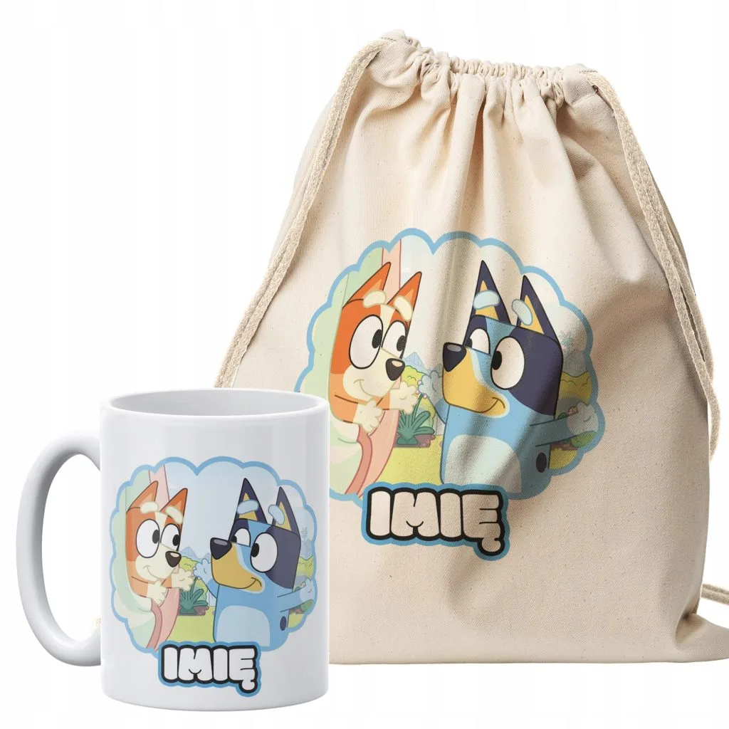 Zestaw personalizowany plecak bawełniany + kubek Bluey Bajka Dla Dzieci