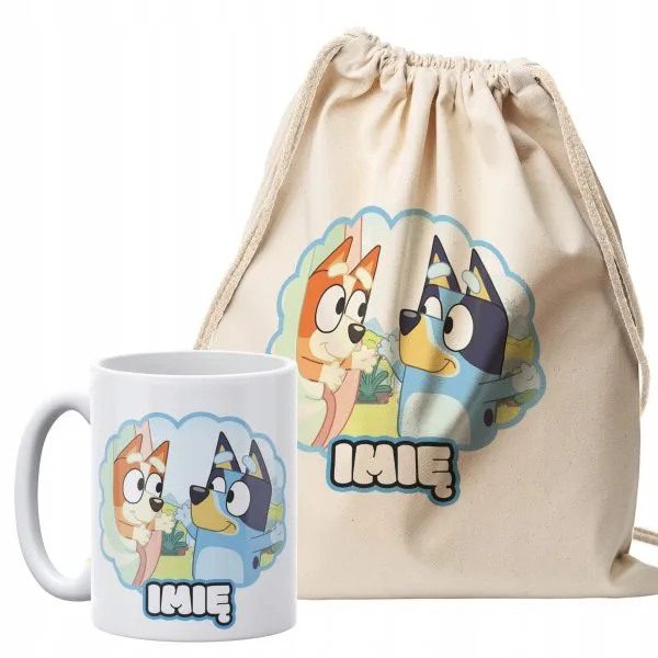 Zestaw personalizowany plecak bawełniany + kubek Bluey Bajka Dla Dzieci