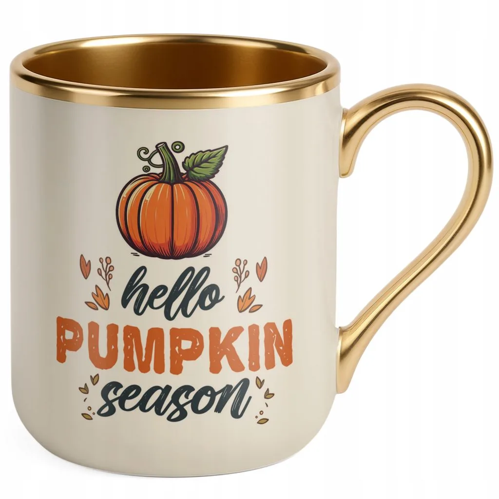 Kubek Premium Złoty Ecru Jesienny Jesień Hello Pumpkin Dynia Prezent