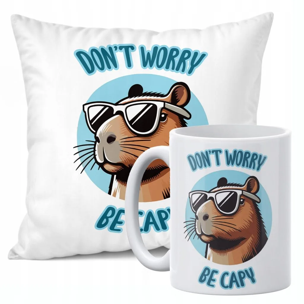 Zestaw Kubek + Poduszka 38×38 cm Kapibara Don’t Worry Be Capy
