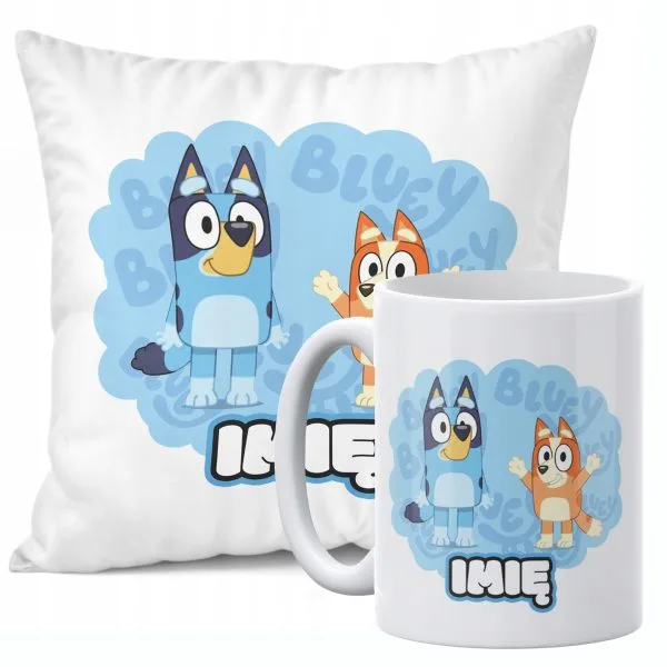 Zestaw Personalizowany Kubek + Poduszka 38x38 cm Dla Fanów Bajki Bluey