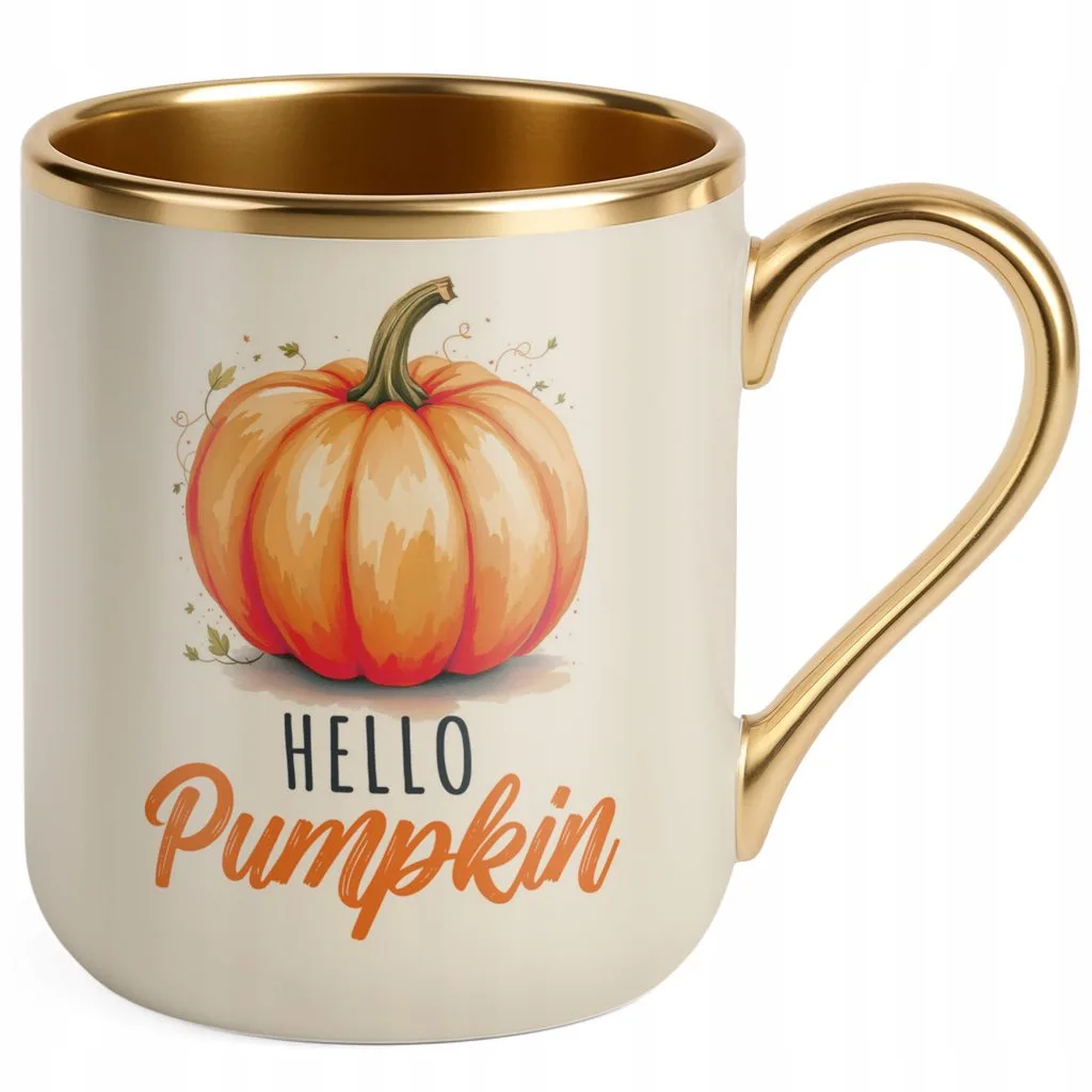 Kubek Premium Złoty Ecru Jesienny Jesień Hello Pumpkin Dynia Prezent