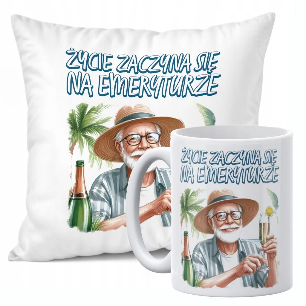 Zestaw Kubek + Poduszka 38×38 cm Emerytura Dla Emeryta Z Okazji Emerytury