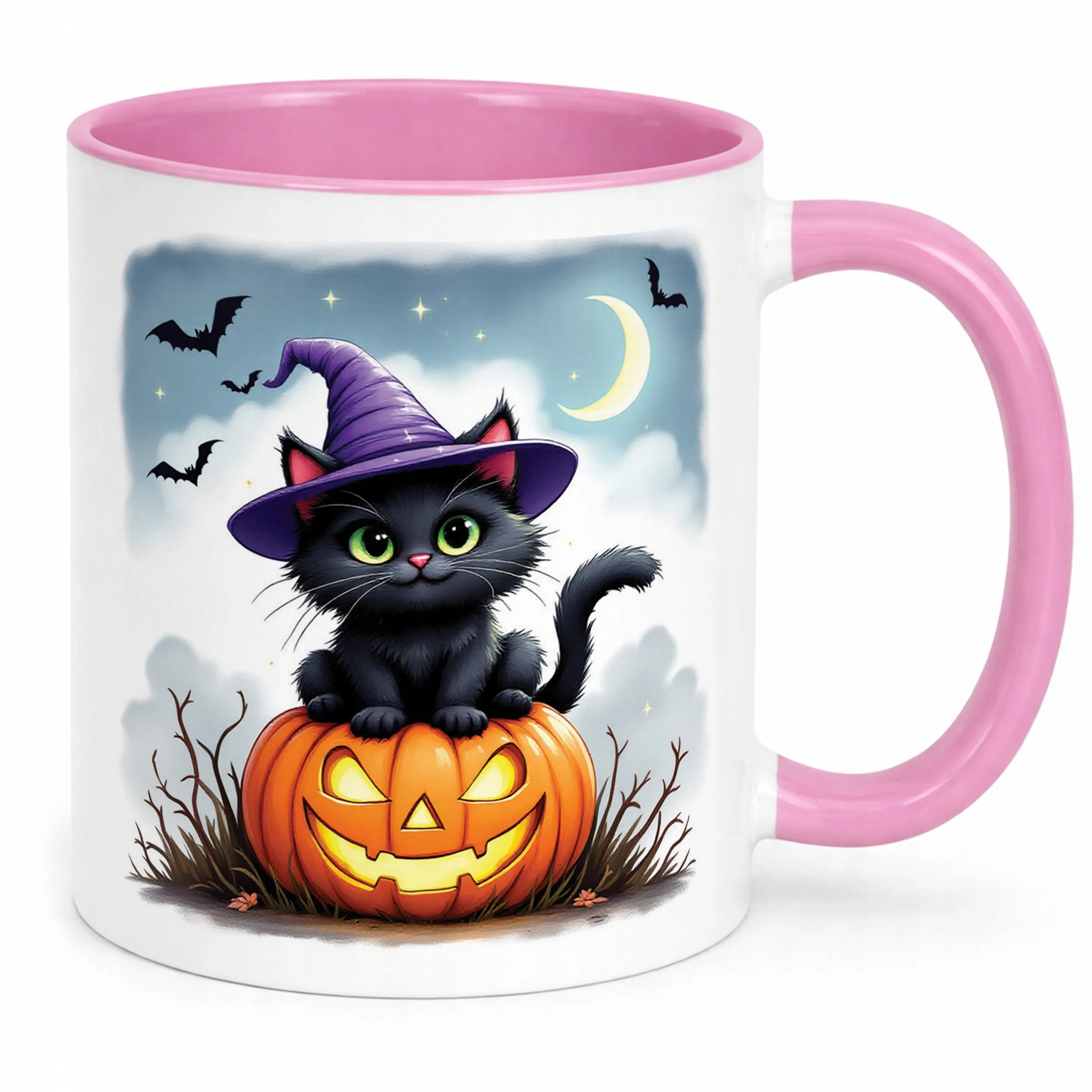 Kubek Różowy Halloween Kot Dynia Jesień Prezent Upominek