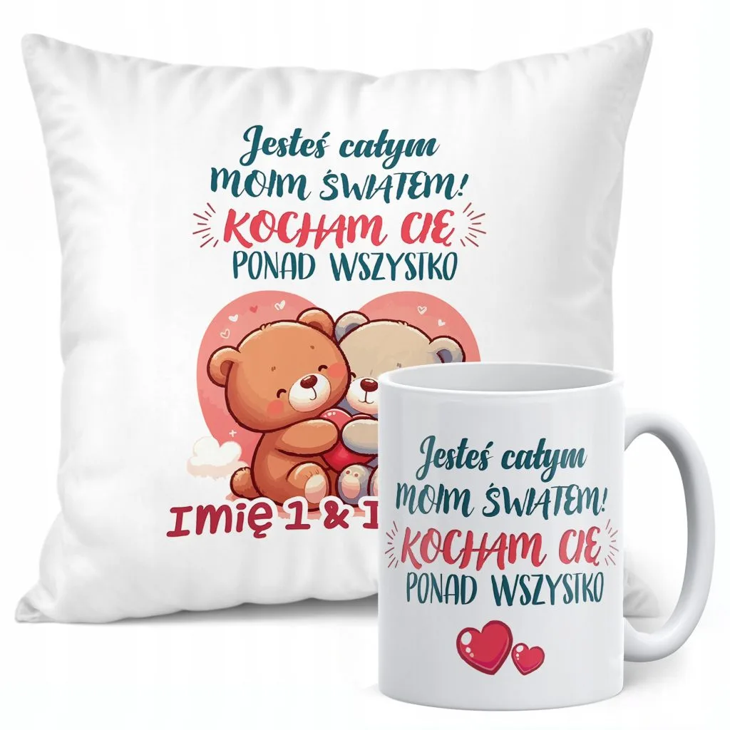 Zestaw Kubek + Poduszka 38×38 cm Walentynki Z imionami Dla Pary Prezent
